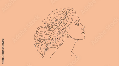 Elegant womans profile with floral hair, serene and artistic.
