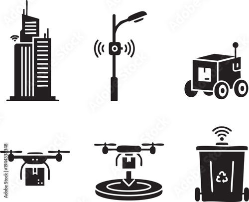Autonomous Smart City Technology Silhouettes for Futuristic Skyscraper and Delivery Robot