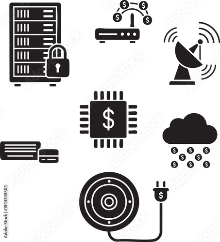 Cryptocurrency Mining Server and Digital Cloud Security Silhouettes