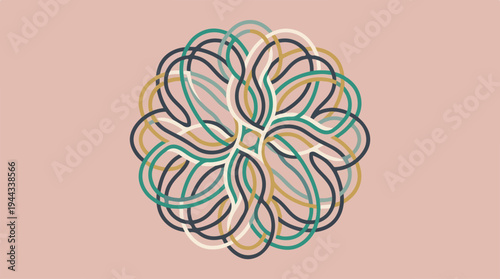 Intricate abstract artwork featuring intertwined lines and shapes in a circular design.