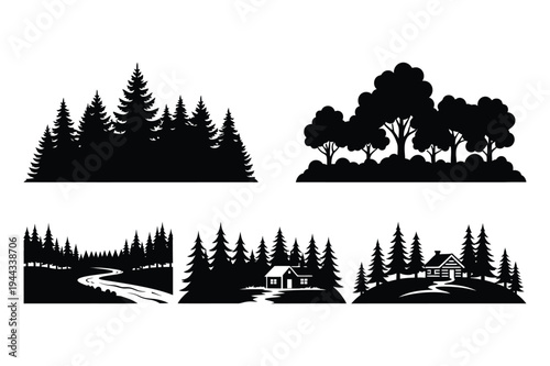 Vector forest landscape silhouettes with houses and river