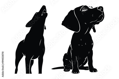 Silhouette of dog howling and sitting, vector art