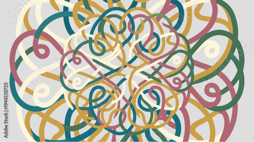 Intricate colorful lines forming a complex brain-like structure on a light background.