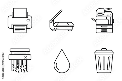 Office equipment icons: printer, scanner, shredder