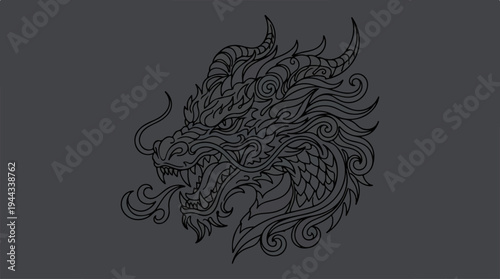 Intricate Dragon Head Illustration on a Dark Background.