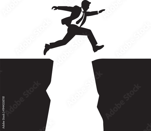 A businessman leaps across a gap demonstrating risk and ambition silhouette high quality