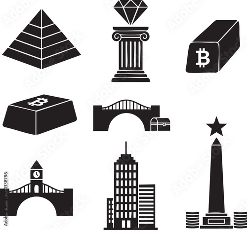 Financial Stability and Economic Foundation Silhouettes for Pillar and Pyramid Icons