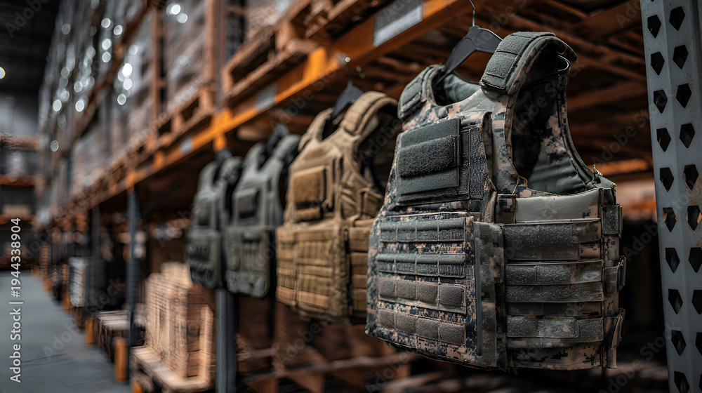Fototapeta premium Tactical body armor bulletproof vests in storage warehouse