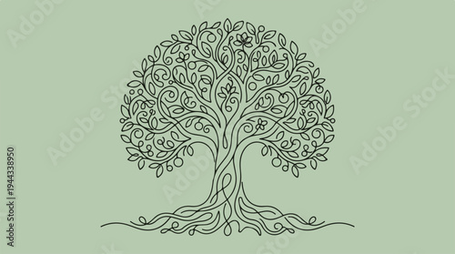 Intricate tree illustration with detailed roots and flourishing leaves on a light green background.