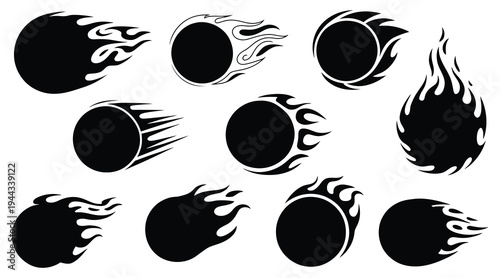 Fireball and flaming meteor icons set with flame motion effects