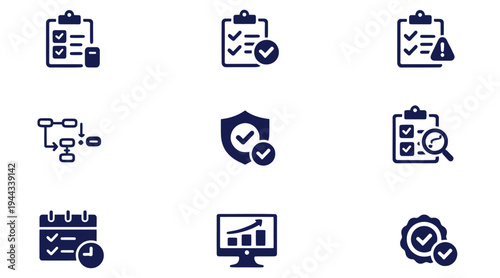 Business workflow and management icons checklist clipboard shield graph