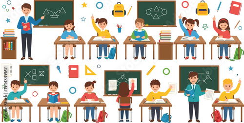 Elementary School Classroom Scene with Diverse Students Sitting at Desks, Raising Hands, and Male Teacher Teaching Near Blackboard for Education Designs