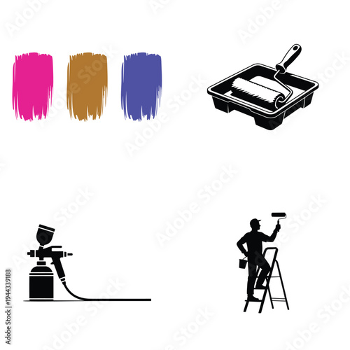 Painting and home renovation tools icons with roller, spray gun and brush strokes
