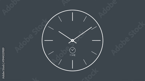 Minimalist clock design with white hands and markers on a dark background.