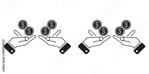 Financial Interaction Icons Depicting Hands Catching and Holding Dollar Coins in Minimalist Style