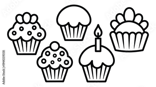 Minimalist cupcake icon set with birthday candle for bakery menu and sweet celebration design.