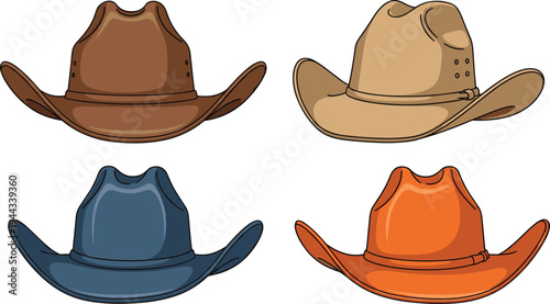 Vector illustration of cartoon cowboy hats in brown, tan, blue, and orange for fashion, costume, and cultural artwork