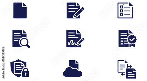 Collection of document and file icons in blue and white