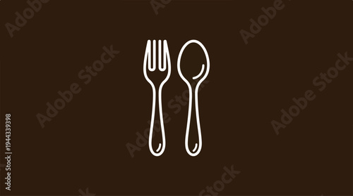 Minimalist fork and spoon icon on a brown background.