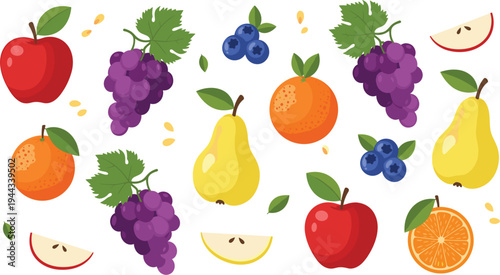 Fresh Fruit Illustration Set with Apple Orange Grapes Pear Blueberries and Citrus Slices Healthy Organic Food Collection Colorful Vector Design