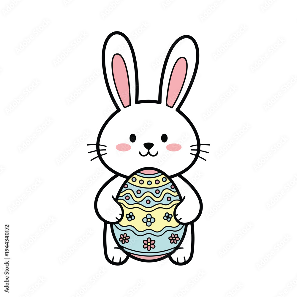 Obraz premium A simple cartoon bunny holding a decorated Easter egg