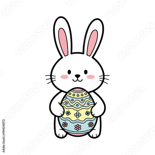A simple cartoon bunny holding a decorated Easter egg