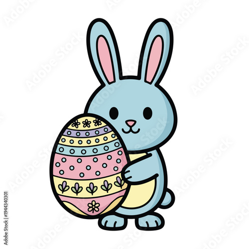 A simple cartoon bunny holding a decorated Easter egg
