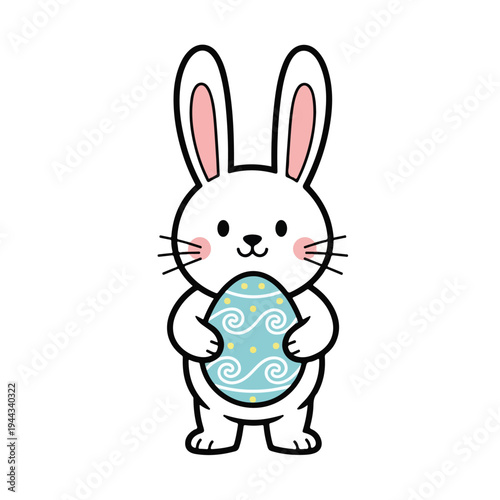A simple cartoon bunny holding a decorated Easter egg