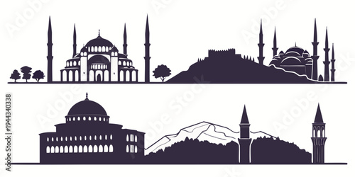 Silhouettes of iconic architectural landmarks from different cultures and eras.