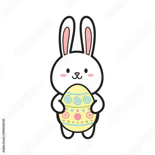 A simple cartoon bunny holding a decorated Easter egg