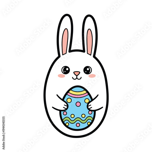 A simple cartoon bunny holding a decorated Easter egg