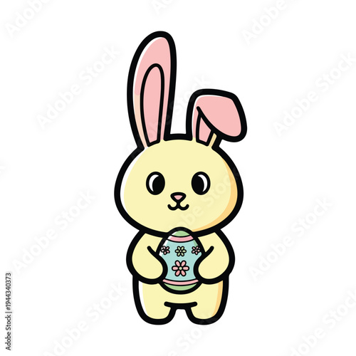 A simple cartoon bunny holding a decorated Easter egg