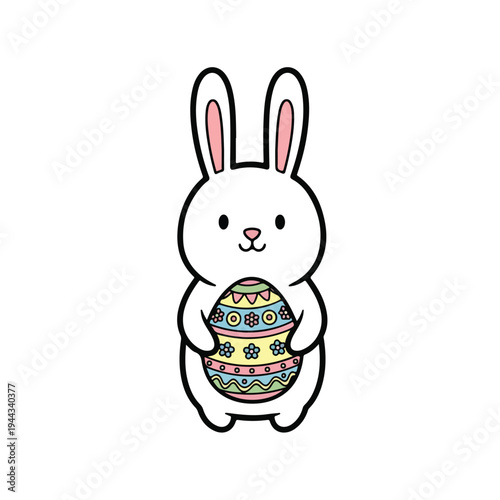 A simple cartoon bunny holding a decorated Easter egg