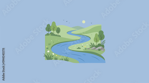 Scenic river flowing through green hills and lush landscape under the sun.