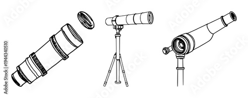 Telescope set with fine line drawing of a vintage telescope featuring scientific, minimalist, black ink with white background and detailed optics