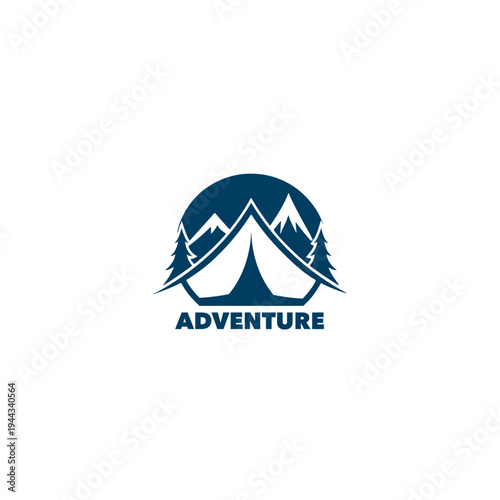 Blue vector flat adventure logo with tent and forest without background