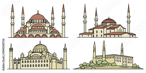 A detailed illustration of a traditional mosque with minarets and domes
