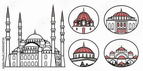 A collection of various architectural landmarks and symbols from around the world