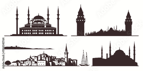 Silhouettes of famous landmarks and historical buildings from various countries