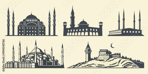 Six different architectural structures with minarets and domes from various cultures and periods