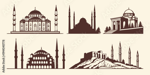 Diverse architectural landmarks from different cultures and historical periods