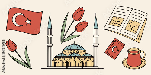 A vibrant illustration of turkish cultural symbols including mosques and flowers