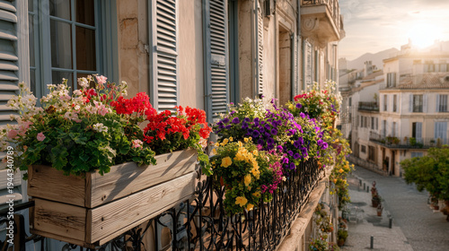 Flower boxes filled with colorful blooms on balcony in sunset light  