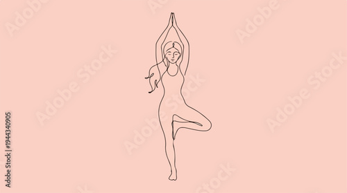 Woman in yoga pose balancing on one leg with arms raised.