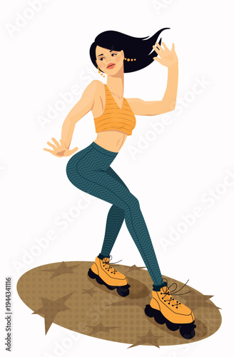 A beautiful brunette girl with a great figure rollerskating. Vector flat illustration