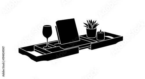 Bath Caddy Tray with Book, Wine Glass, Candle, and Plant for Relaxing Spa Experience