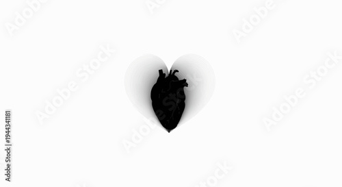 Black Anatomical Heart with White Wings on White Background