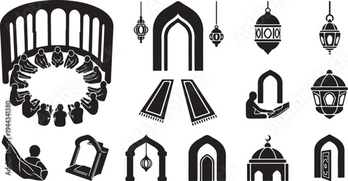 Ramadan Kareem Islamic Symbols and Icons Set in Black