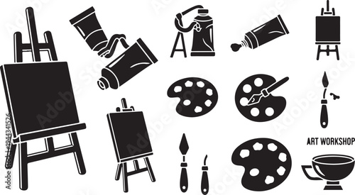 Black and white art workshop equipment illustration set