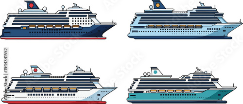 Vector illustration of stylized cruise ships in blue, teal, and white designs for travel, tourism, and maritime artwork